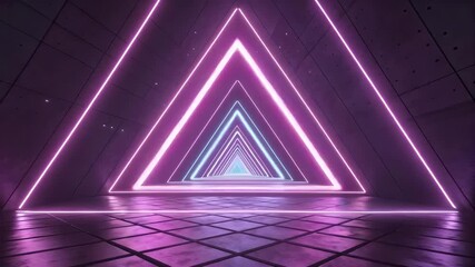 Illustration of a mesmerizing tunnel of neon triangles creates a futuristic and abstract background, perfect for adding a touch of modern technology and vibrant color to any project - Powered by Adobe