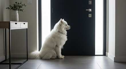 Elegant Samoyed dog patiently waits by modern front door in stylish home interior