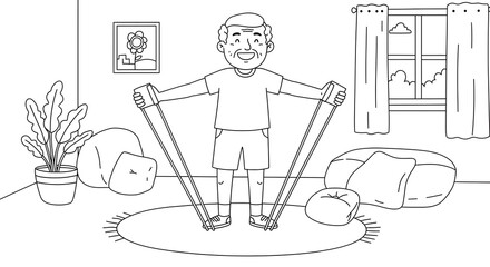 An active senior man staying fit with a resistance band workout in his living room. A black and white line art illustration for a coloring book