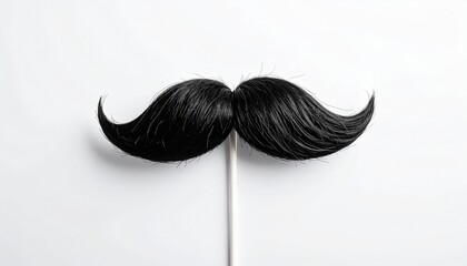 Classic black handlebar mustache with upward curls, styled for vintage fashion or humorous costume use.