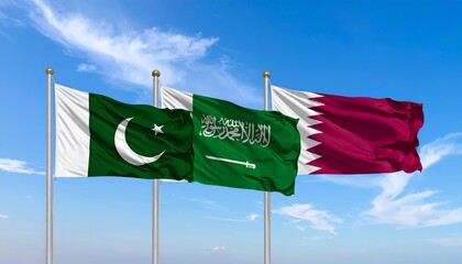 Flags of Pakistan, Saudi Arabia, and Qatar hoisted against clear blue sky, symbolizing unity, diplomacy, and national identity.