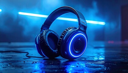 Over-ear headphones with glowing blue LED lights on wet surface, set against moody blue-purple background for a futuristic tech vibe.