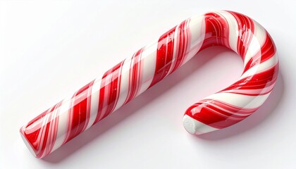 Fototapeta premium Red and White Striped Candy Cane with a Curved Shape on a White Background