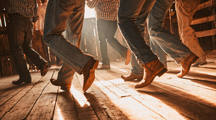 Line dancing on wooden floorboards in western attire