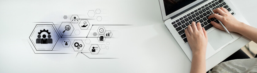 Business management system showing teamwork, productivity, and planning. Management supports goal,...