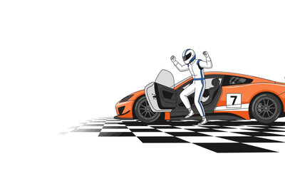 Fototapeta premium Race Car Driver Exiting Orange Sports Car with Number 7 on Checkered Finish Line.