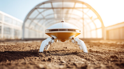 A robotic device with tripod legs stands on soil in front of a greenhouse structure under sunlight.