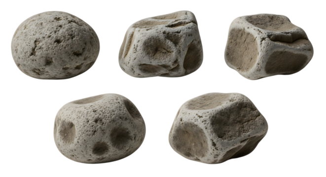 Five Textured Gray Stones on Black Background rock