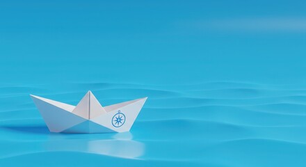 Obraz premium Paper Boat with Compass Navigating a Blue Sea