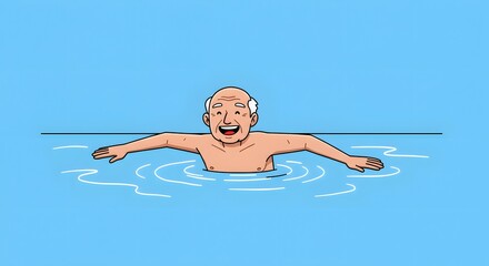 A joyful senior man with a wide smile, bald head, and white sideburns, happily floating and swimming with outstretched arms in calm, clear blue water, illustrating healthy and active aging