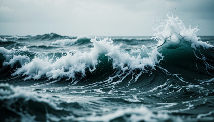 Stormy Ocean Waves with Foamy Whitecaps under Cloudy Sky