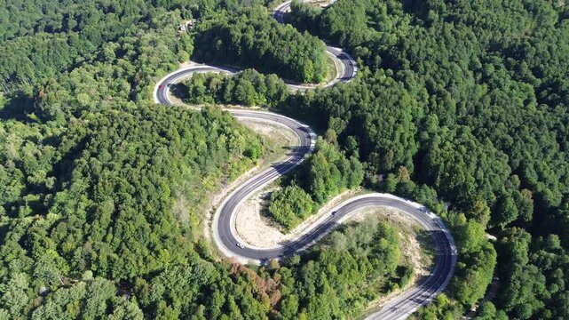 Aerial view of winding asphalt mountain road among green trees in summer. (Domani&ccedil;,İneg&ouml;l dağ yolu)