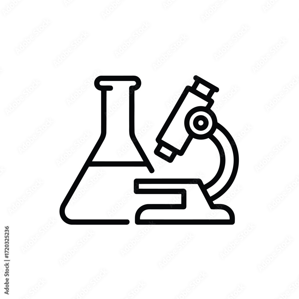 Poster outline illustration of microscope and flask for scientific research and laboratory use