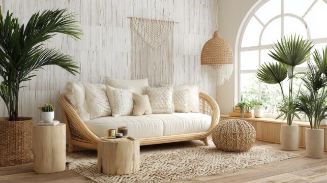 tropical boho living room, curved rattan sofa, palm plants, clay wall, woven rug, hanging macrame, soft natural light