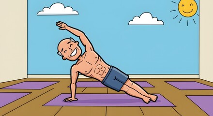 Cartoon Man Performing Side Plank Yoga Pose in Studio, Sunlight, Cloud Illustration