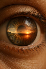 Eye reflects sunset landscape. A human eye reflecting the sunset scene over water.