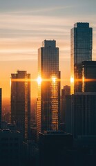 Tall skyscrapers reflect the golden sunlight against a warm hazy sky