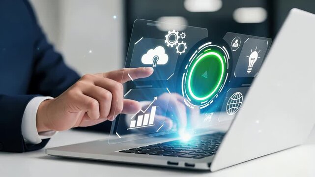 Business professional using laptop with holographic interface displaying digital icons including green checkmark verification, cloud computing and analytics symbols. Futuristic augmented reality