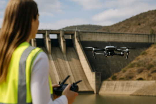 Drone inspecting large hydroelectric dam with female operator in safety vest out of focus