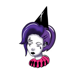Gothic Clown Girl Illustration with Purple Hair and Witch Hat