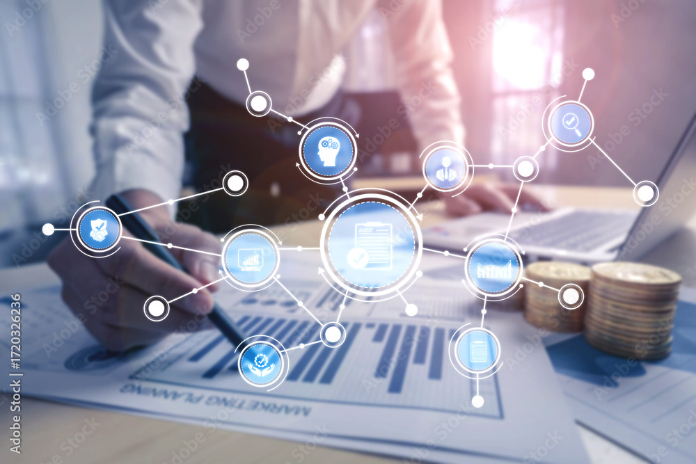 Poster businessman analyzing data with digital chart and financial icons on desk with coins and laptop in m