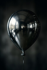 A luminous silver balloon floats gracefully against a muted charcoal backdrop, reflecting ambient light and offering a sleek, modern aesthetic.