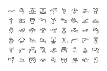 Vector art of a set of 50 handdrawn icons depicting plumbing and waterrelated elements, isolated a