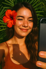 Winking woman with a vibrant hibiscus takes a sun-kissed selfie amid lush foliage, capturing the essence of tropical beauty and self-expression.