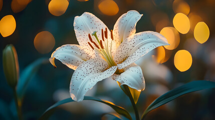 Elegant white lily flower with spotted petals in a magical garden setting