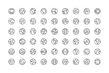 Vector art of a collection of handdrawn black and outline icons representing the earth and globes in various styles and orientations, isolated a