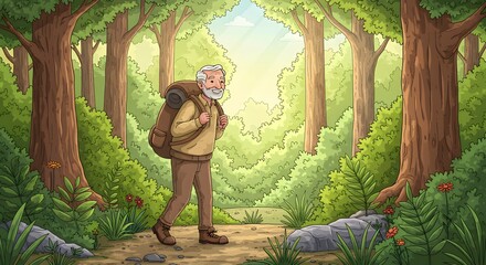 Senior Hiker Enjoying a Forest Trail Adventure and Nature's Beauty in the Woods