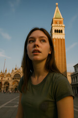 A young woman gazes up at the tower on a sunny day in Europe, lost in thought, with historic buildings surrounding her in the piazza.