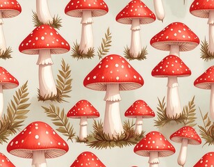 Seamless pattern of red toadstools with fern
