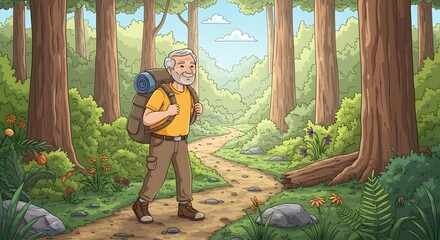 Senior Hiker Enjoying Nature Cartoon Illustration of a Man Hiking on a Forest Trail