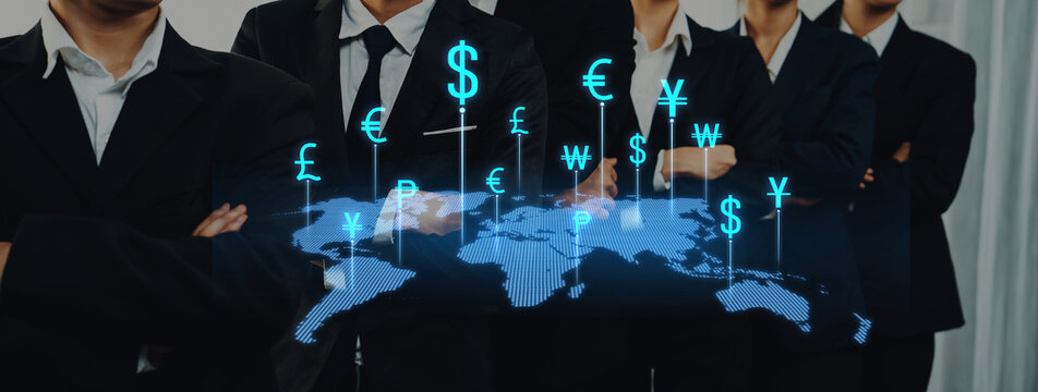 A professional group of men in suits stands confidently, with a digital map and currency symbols overlay, symbolizing global financial connections and teamwork. Trope
