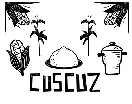 Couscous, a traditional food from Northeast Brazil. Vector image in woodcut style.