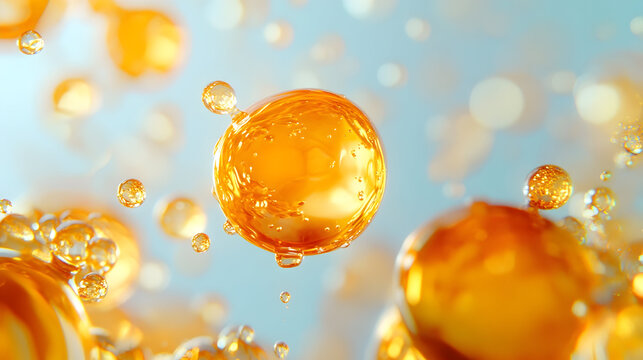 Close-up of golden fluid molecules in motion for scientific and design applications