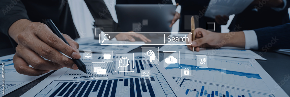 Poster business team collaborates on data analysis, utilizing graphs and digital tools in a modern office e