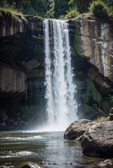 Waterfall cascading into a pool surrounded by rocks and vegetation