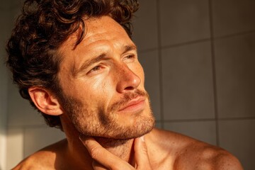 Naklejka premium Pensive man with curly hair and beard looking up, bathed in warm golden light