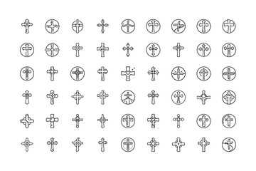 Vector art of a collection of handdrawn christian cross icons in various styles, isolated a