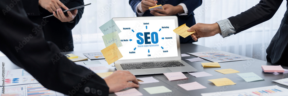 Poster seo search engine optimization for brisk e-commerce and online retail business showing on computer s