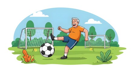 Senior Man Kicking Soccer Ball in the Park - Active Lifestyle Illustration