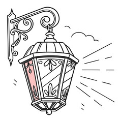 Illustration of a vintage street lamp with light rays shining, the ornate design and classic style evoke a sense of nostalgia and charm, perfect for adding a touch of oldworld elegance
