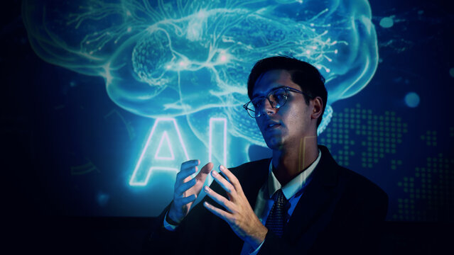 Business team discussing and using technology artificial intelligence with digital Ai assistant. Futuristic innovation AI technology collaboration and ideas for future. Business Tech Startup meeting.