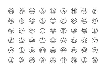 Vector art of collection of handdrawn outline icons showcasing various architectural landmarks and cityscapes, isolated a, ideal for travel and urban themes