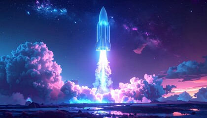 A futuristic rocket launch into a vibrant night sky