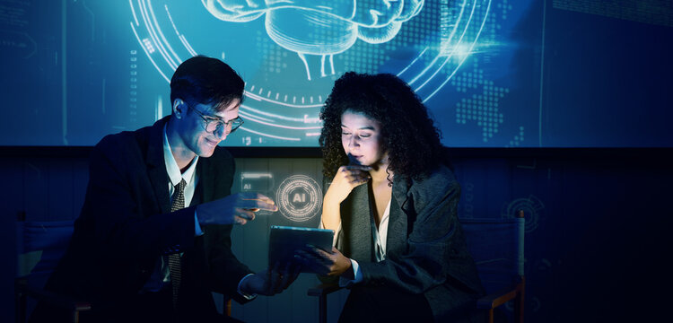 Business team discussing and using technology artificial intelligence with digital Ai assistant. Futuristic innovation AI technology collaboration and ideas for future. Business Tech Startup meeting.