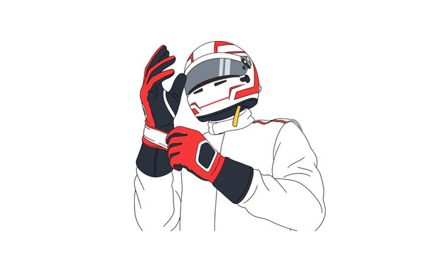 Racing Driver Putting On Red and Black Racing Gloves and Helmet.