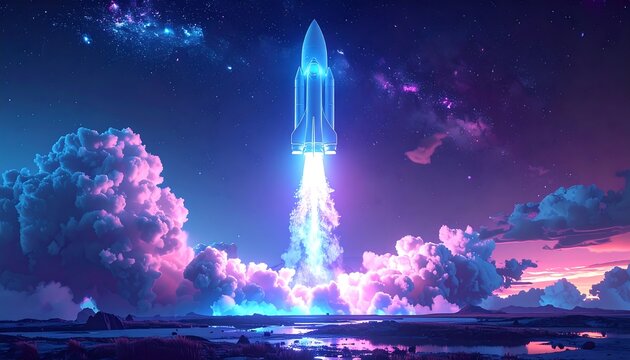 A futuristic rocket launch into a vibrant night sky